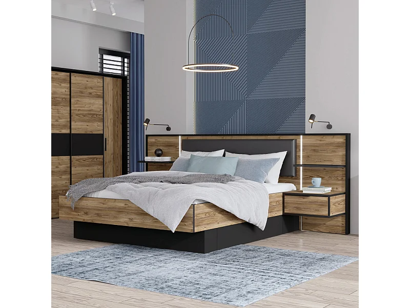 Lit 180 x 200 cm décor bois épicéa et noir avec éclairage LED - CELIA