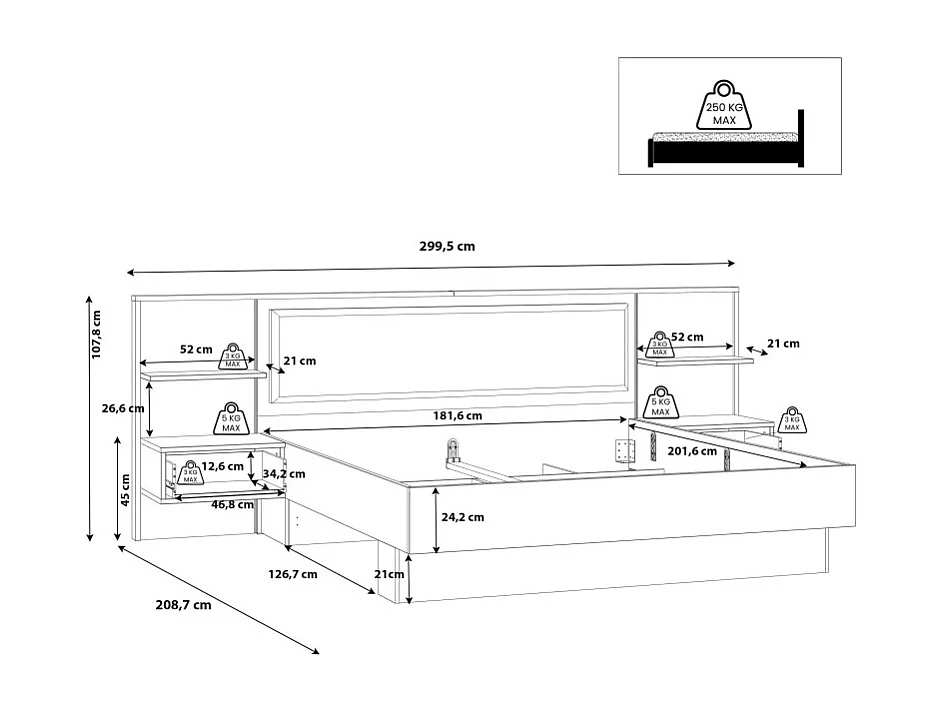 Lit 180 x 200 cm décor bois épicéa et noir avec éclairage LED - CELIA
