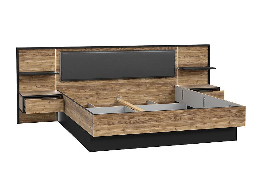 Lit 180 x 200 cm décor bois épicéa et noir avec éclairage LED - CELIA