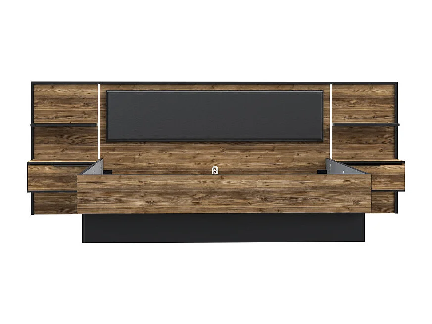 Lit 180 x 200 cm décor bois épicéa et noir avec éclairage LED - CELIA