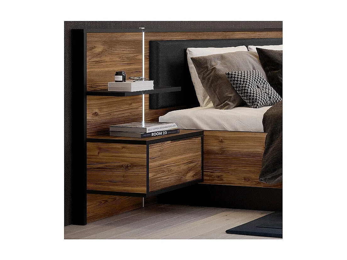 Lit 180 x 200 cm décor bois épicéa et noir avec éclairage LED - CELIA