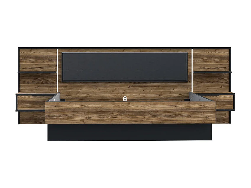 Lit 180 x 200 cm décor bois épicéa et noir avec éclairage LED - CELIA