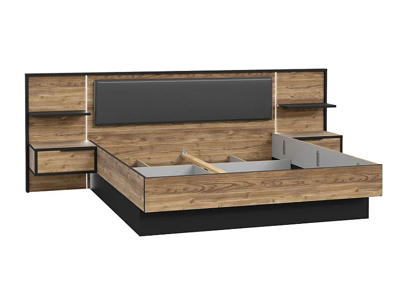 Lit 180 x 200 cm décor bois épicéa et noir avec éclairage LED - CELIA