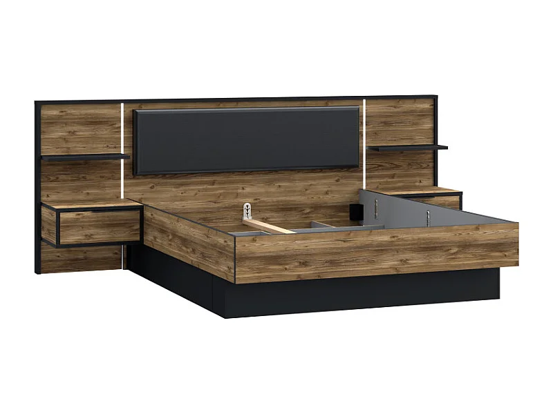 Lit 160 x 200 cm décor bois épicéa et noir avec éclairage LED - CELIA