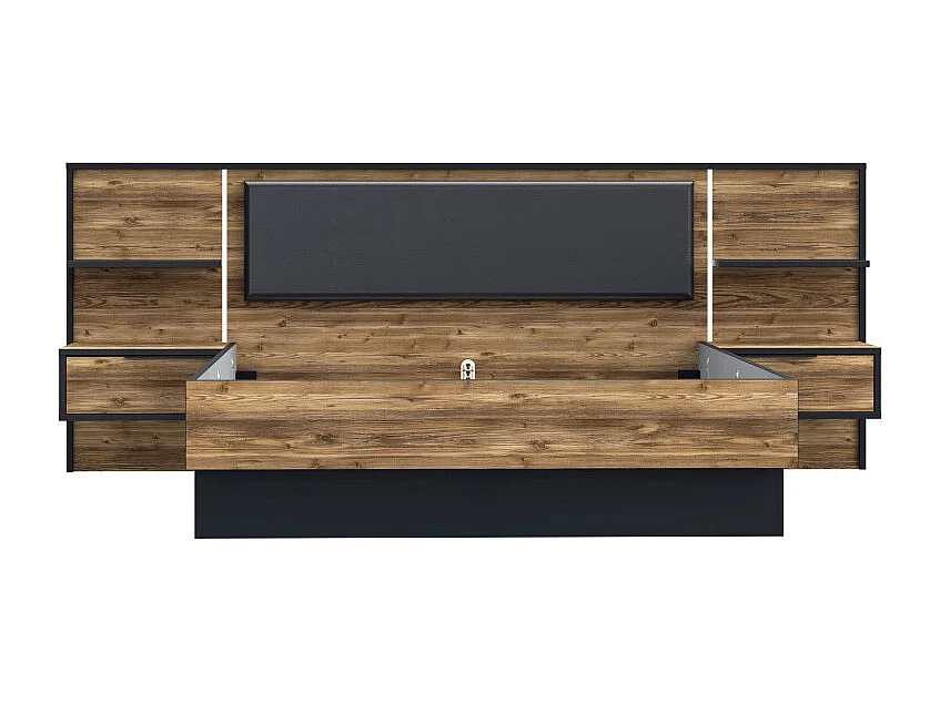 Lit 160 x 200 cm décor bois épicéa et noir avec éclairage LED - CELIA