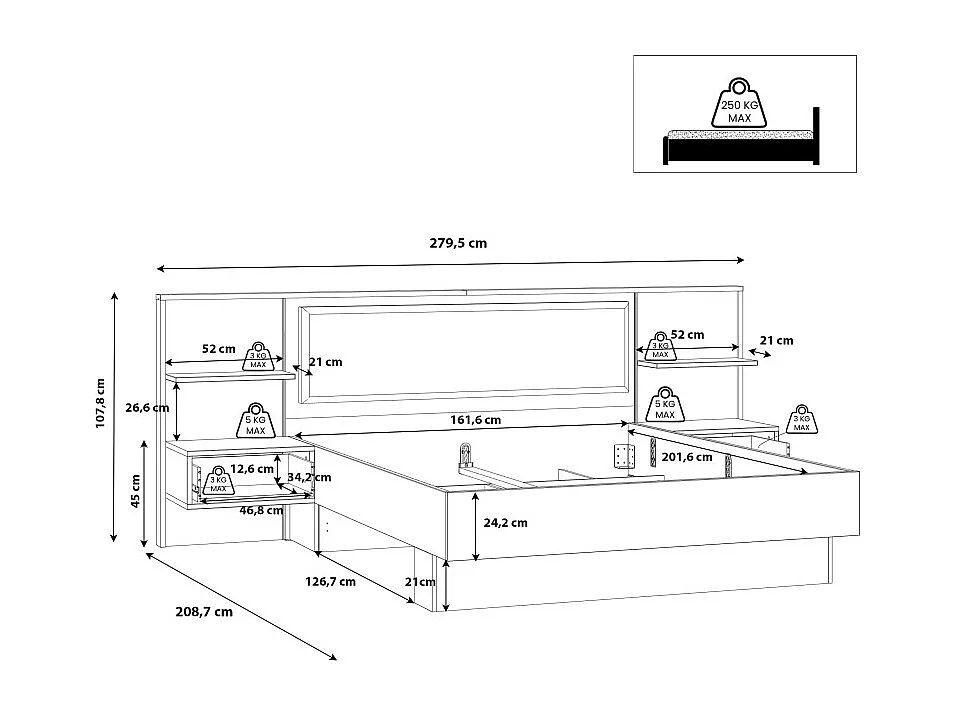 Lit 160 x 200 cm décor bois épicéa et noir avec éclairage LED - CELIA