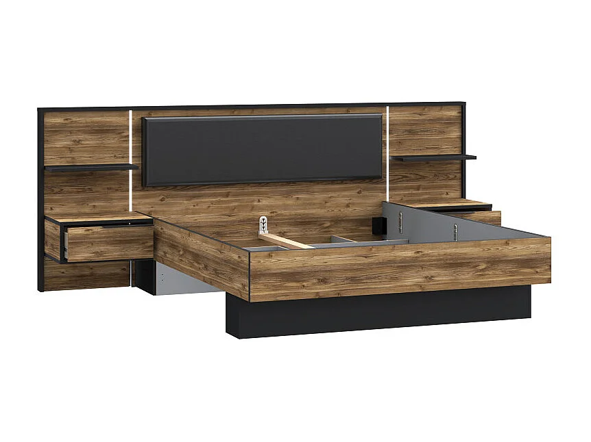 Lit 160 x 200 cm décor bois épicéa et noir avec éclairage LED - CELIA