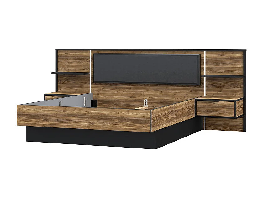 Lit 160 x 200 cm décor bois épicéa et noir avec éclairage LED - CELIA