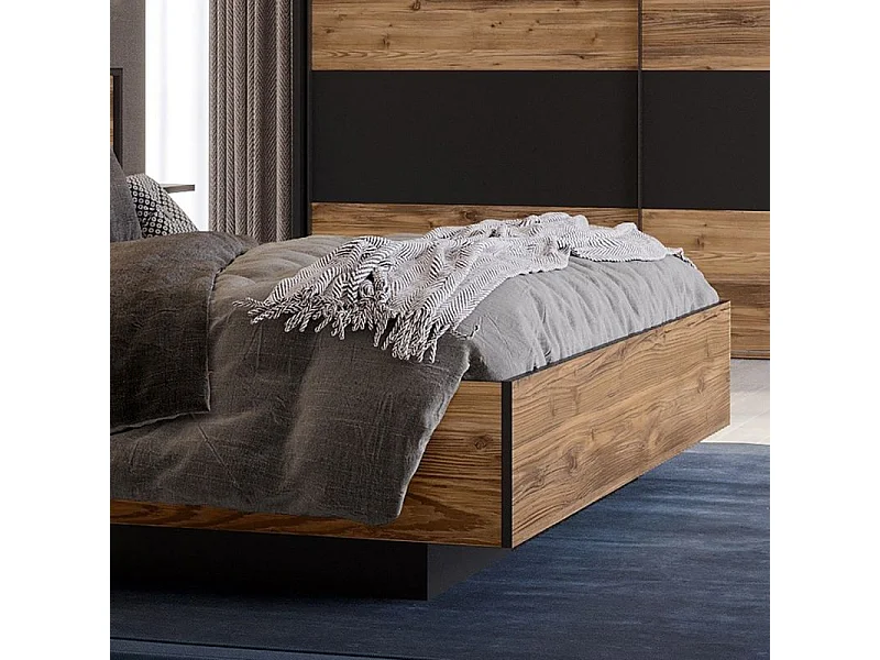 Lit 160 x 200 cm décor bois épicéa et noir avec éclairage LED - CELIA