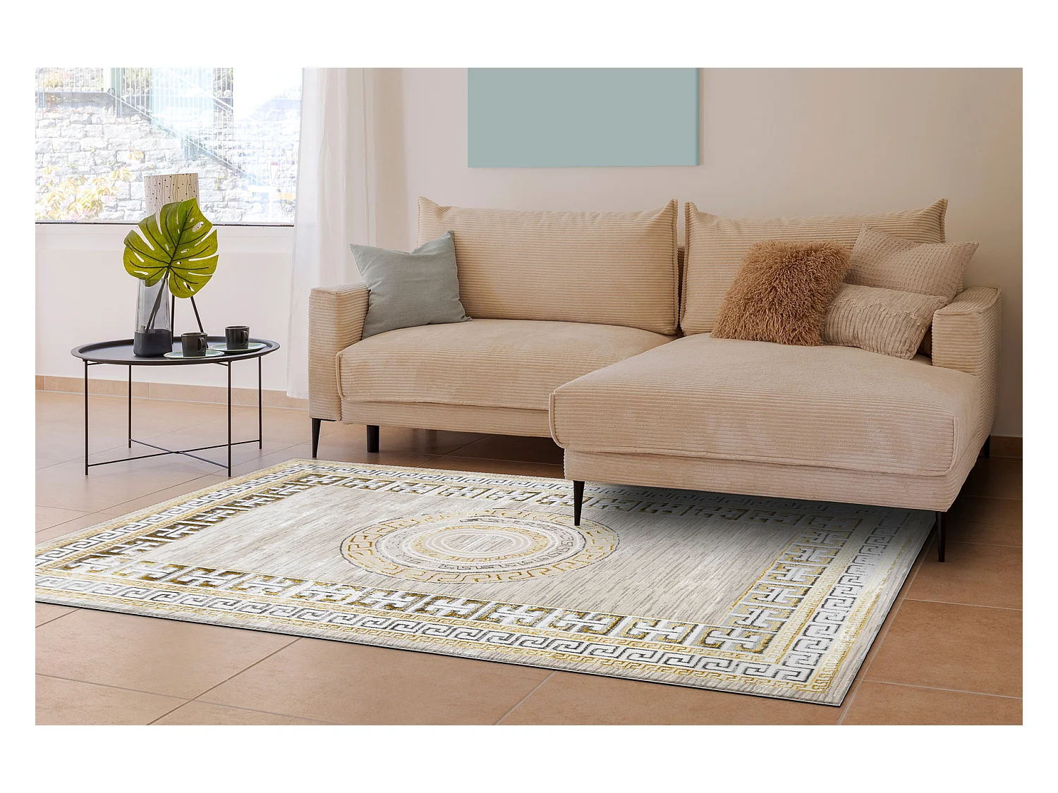 BLISS Z205AZ127 tapijt crème / goud - Kader, grieks, modern, structur 140x190 cm