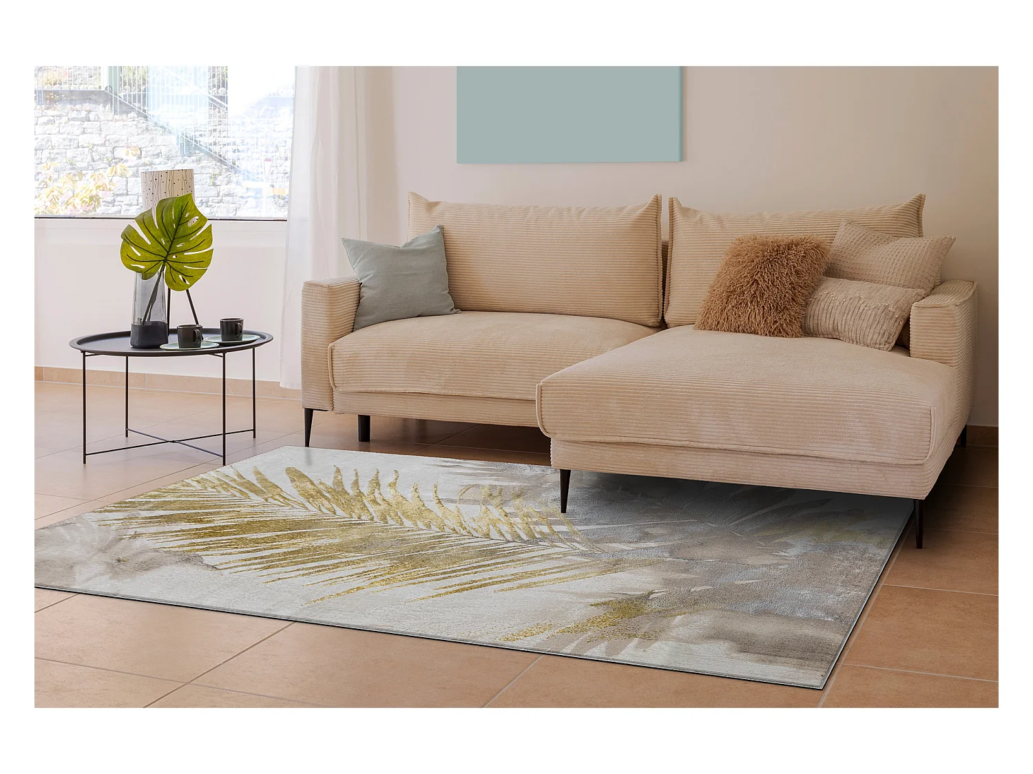 Tapis BLISS Z216AZ137 crème / doré - Feuilles de palmier, moderne, s 80x150 cm