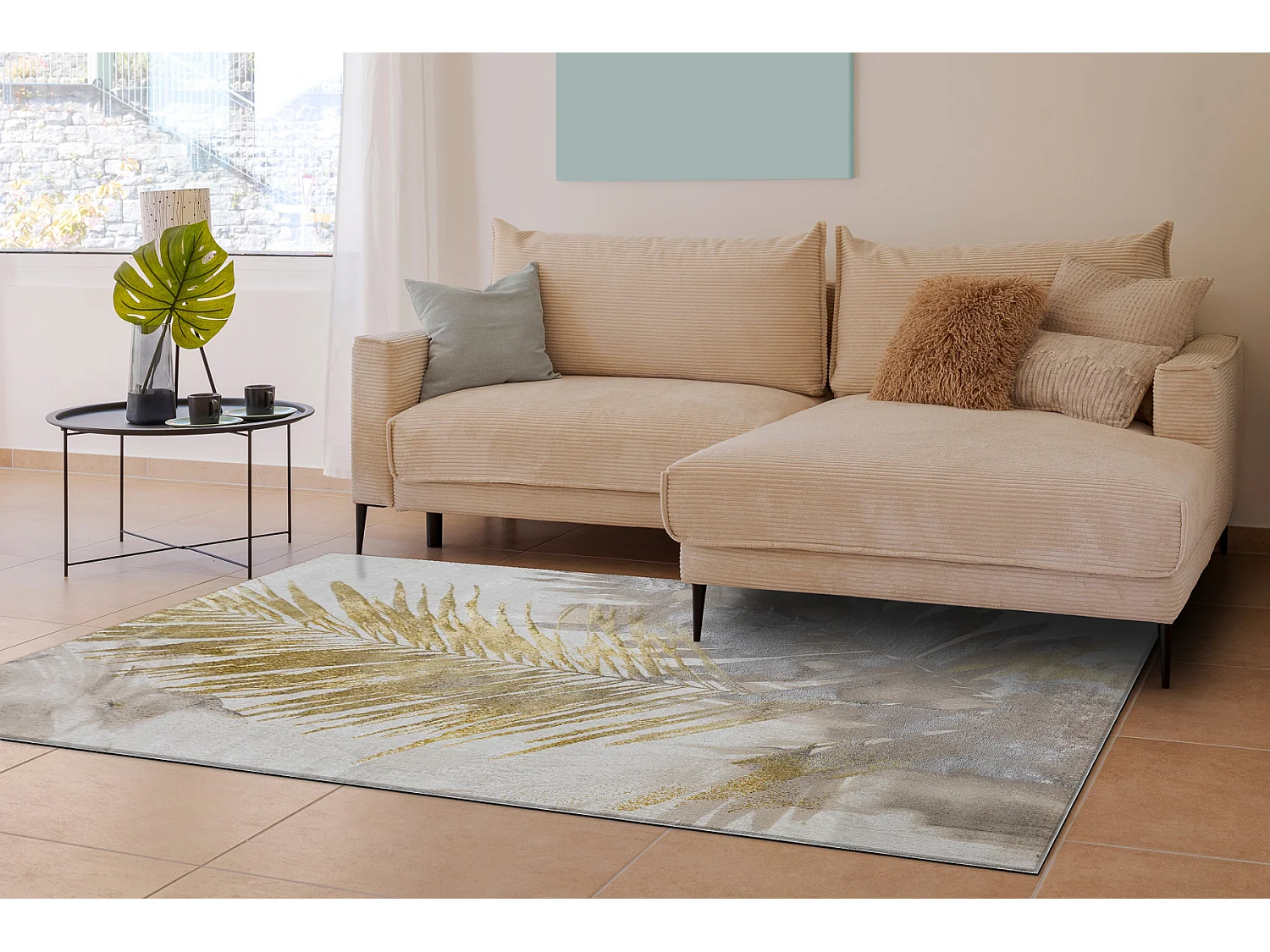 BLISS Z216AZ137 tapijt crème / goud - Bladje Palm, modern, structuree 140x190 cm