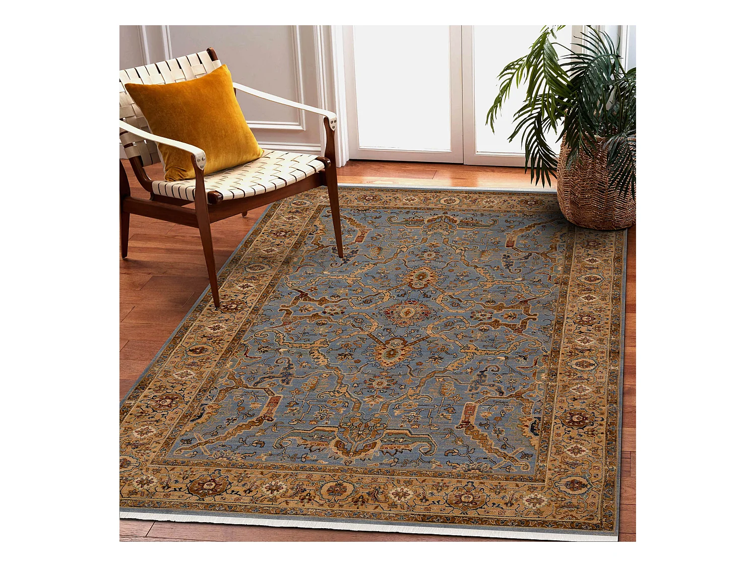 Tapis KESHAN franges, Cadre oriental 7875/53544 beige / bleu 300x380 cm