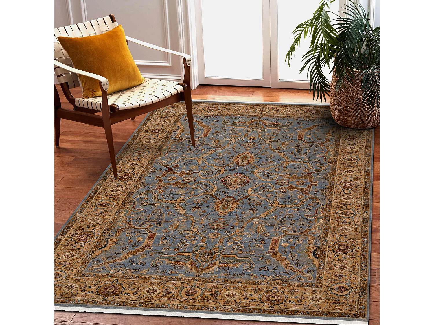 Dywan KESHAN Frędzle, Ramka orientalny 7875/53544 beż / niebieski 250x340 cm