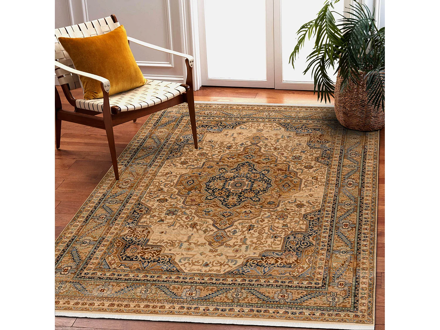 Tapis KESHAN franges, Ornement, cadre oriental 8995/53565 beige / bleu 200x290 cm
