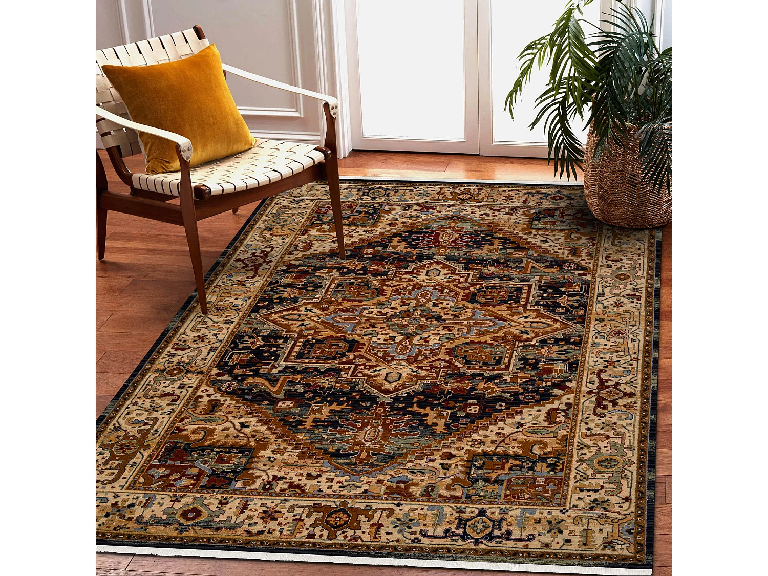 Tapis KESHAN franges, Ornement, cadre oriental 2886/53511 beige / bleu 200x290 cm