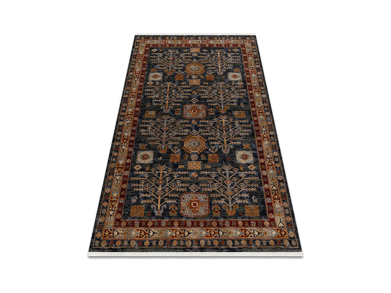 Tapis KESHAN franges Cadre oriental 6174/53511 bleu foncé / bordeaux 80x145 cm