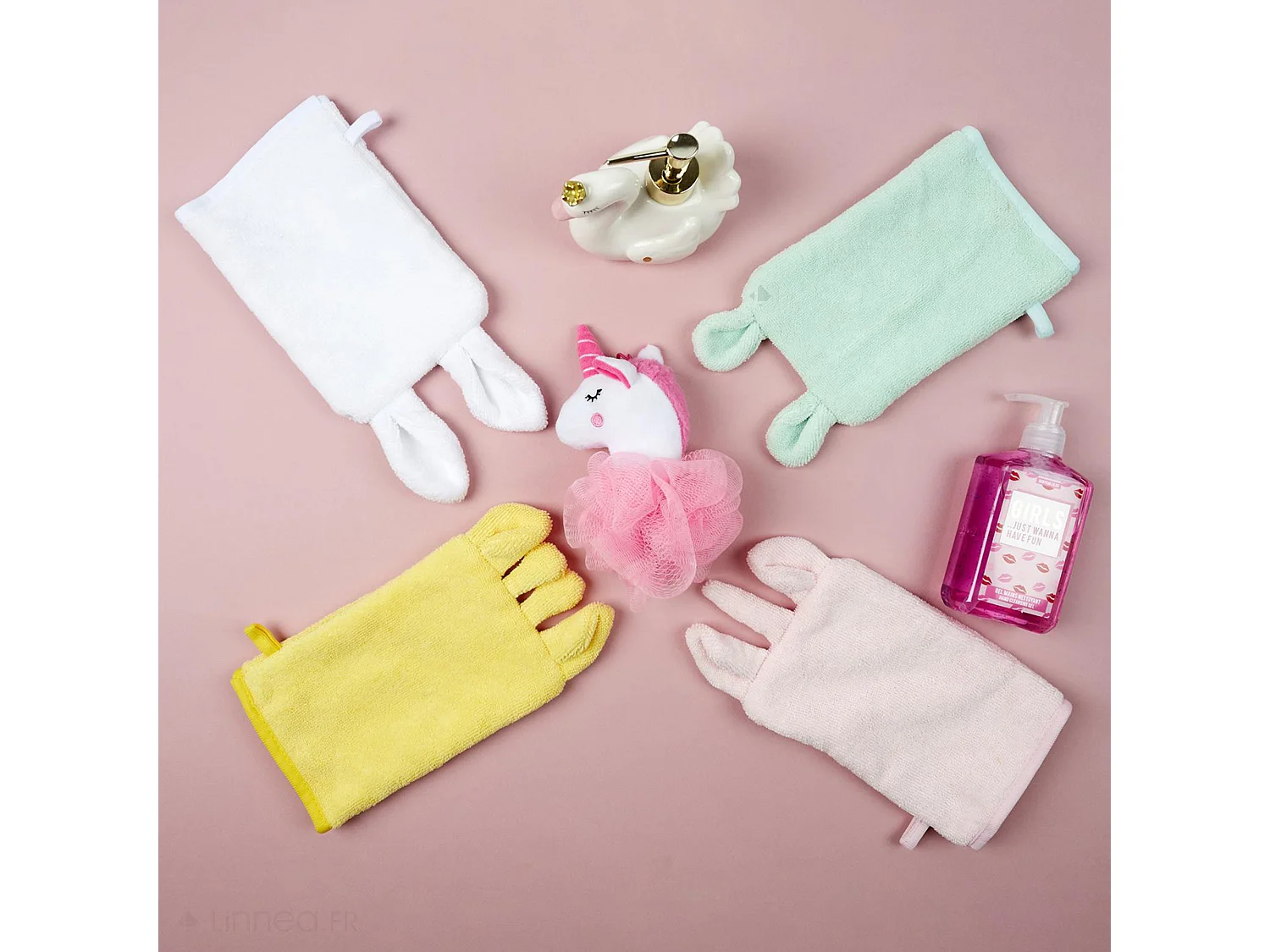 Lot de 2 gants de toilette 13x28 cm pur coton ANIMALETTO forme animal jaune