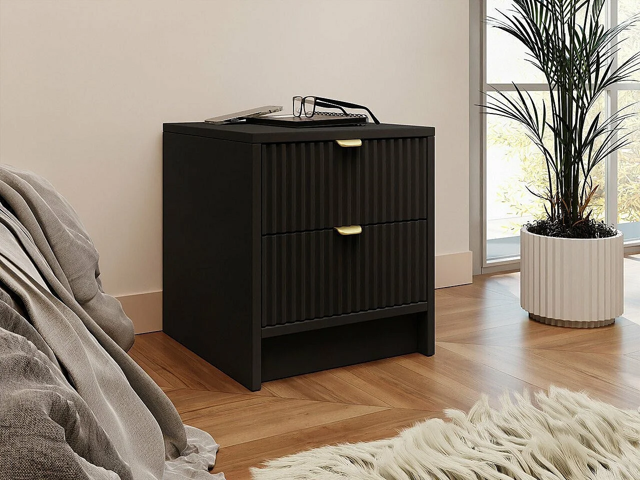 Mesilla de noche Comfivo Larmire 106, Negro, 40x35x40cm, MDF|Aglomerado laminado