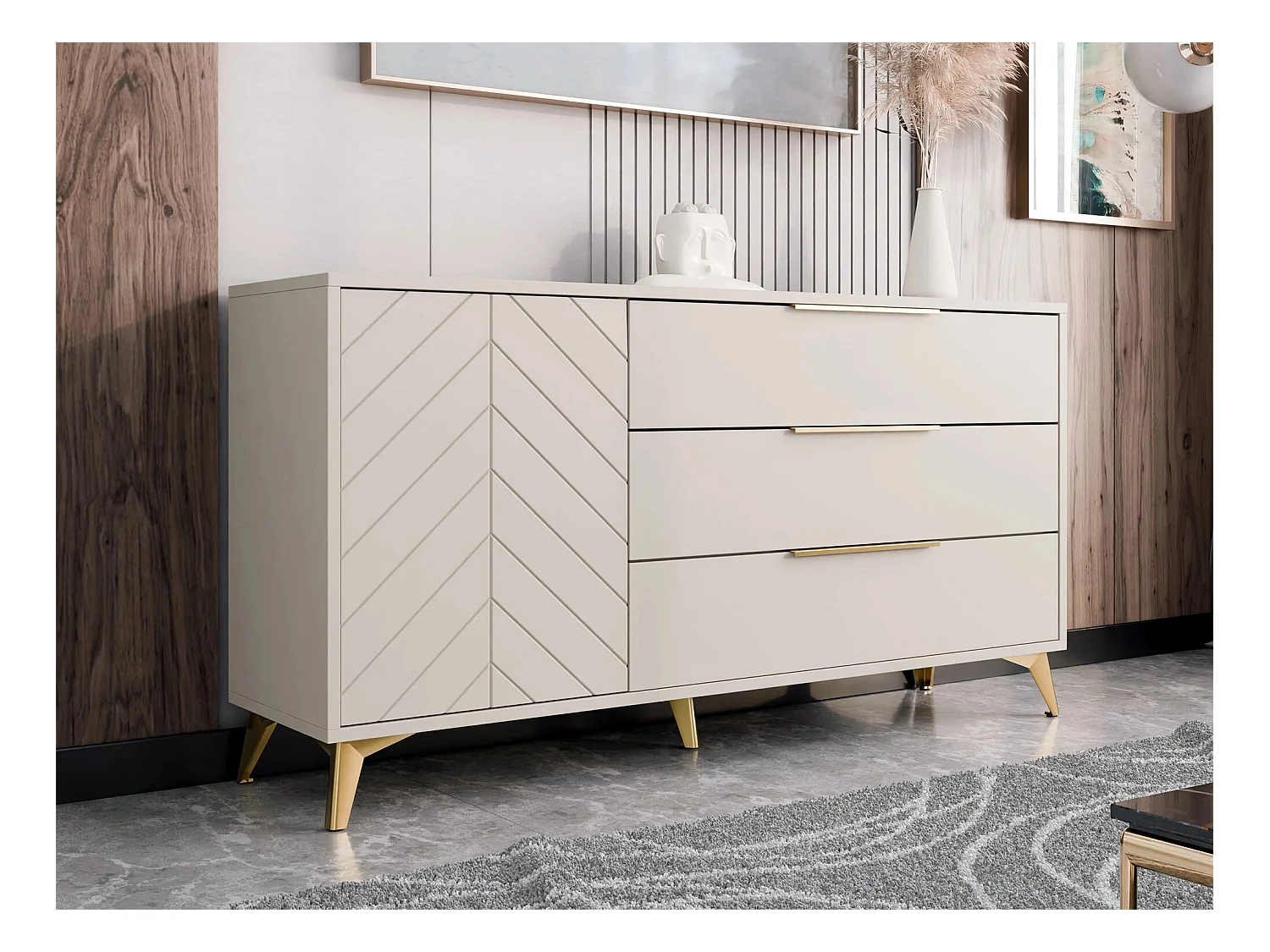 Kombikommode mit Drehtür und drei Schubladen - 154x40x80 cm - Sandbeige - Xylix 1D3SZ
