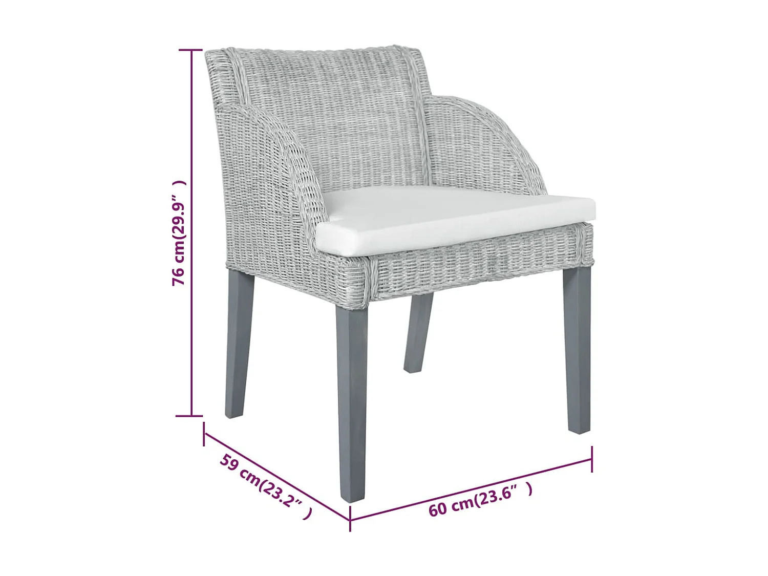 Sedia da Pranzo con Cuscino Grigio in Rattan Naturale