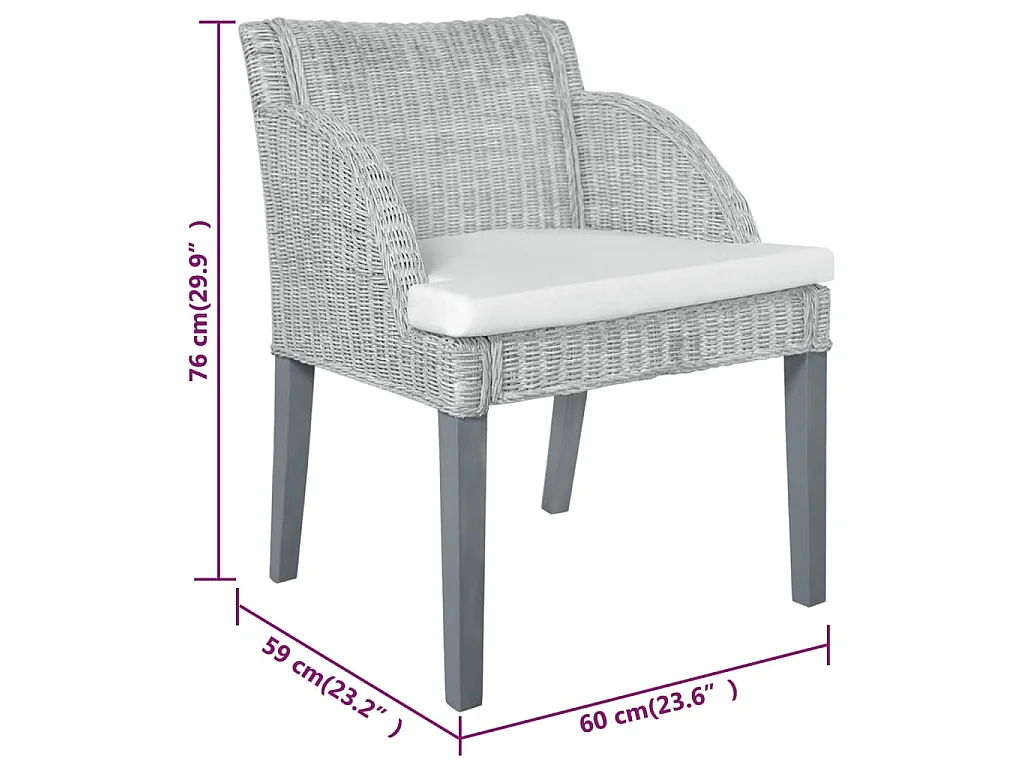 Sedia da Pranzo con Cuscino Grigio in Rattan Naturale