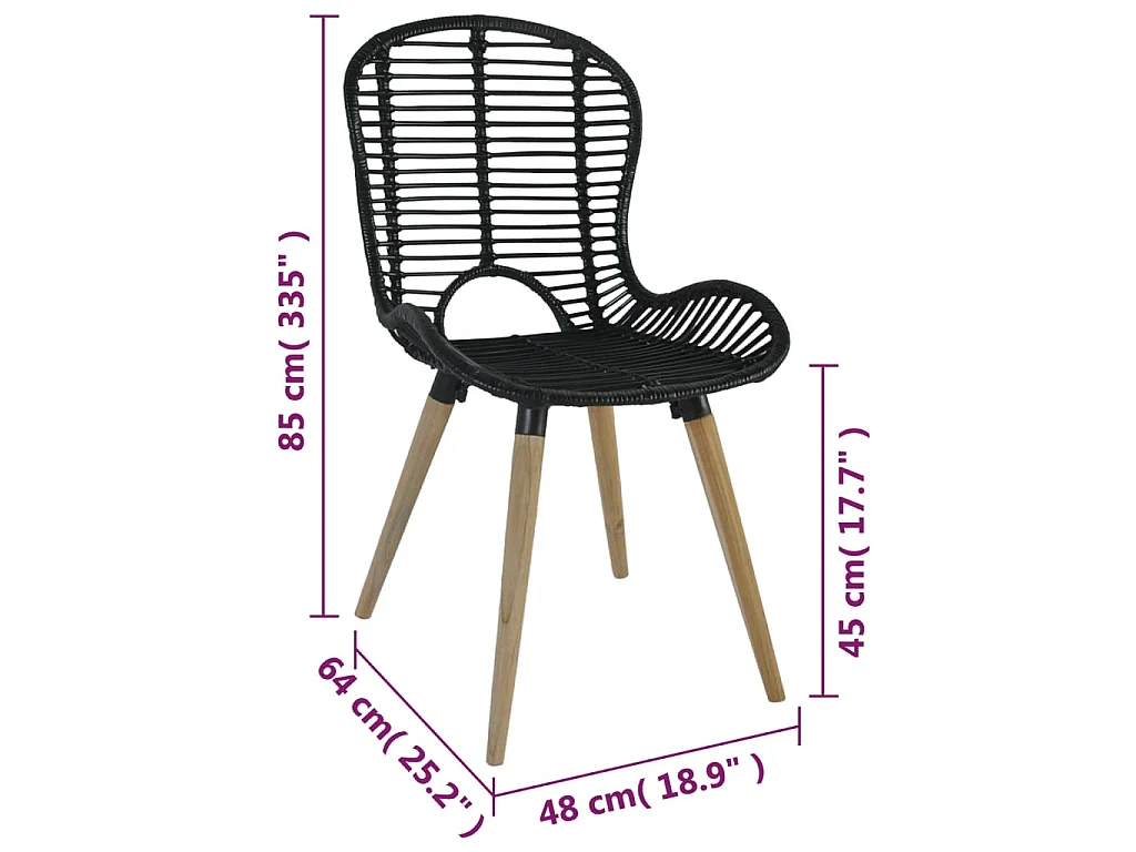 Chaises à manger lot de 4 noir rotin naturel