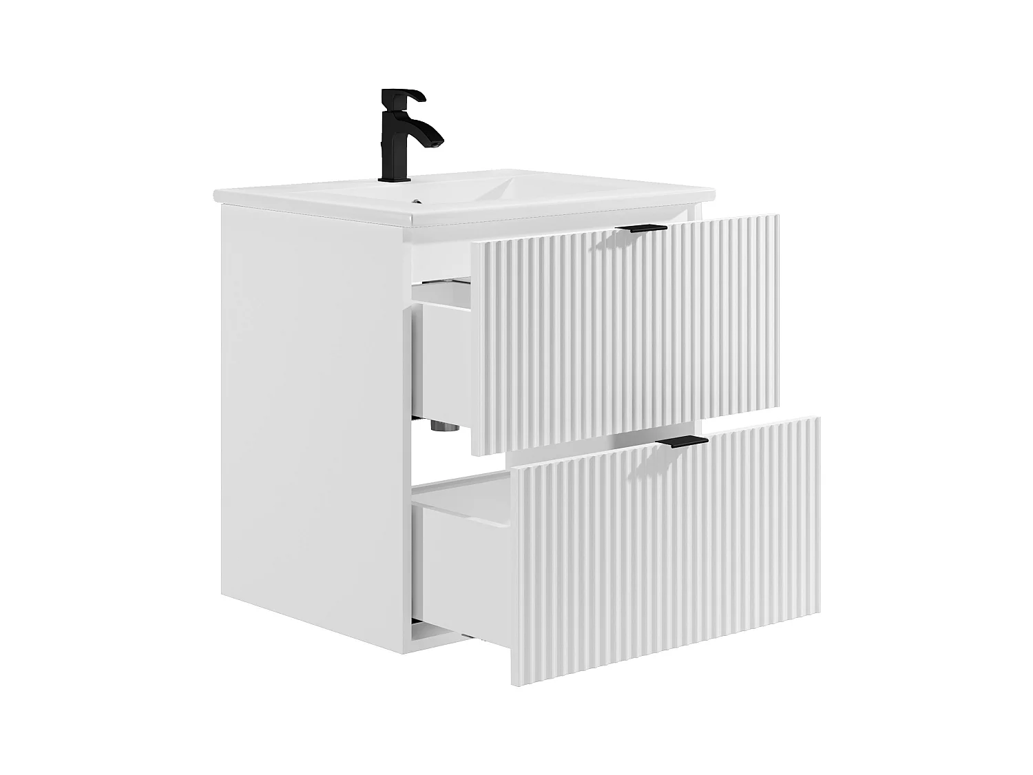 Meuble de salle de bain suspendu strié avec vasque à encastrer - Blanc mat - 60 cm - ZEVINI