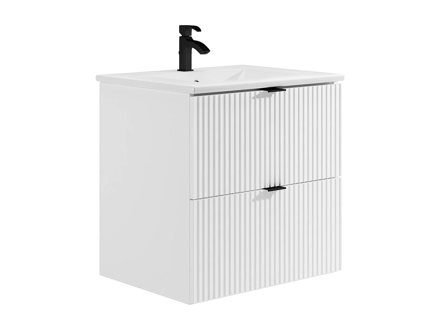 Meuble de salle de bain suspendu strié avec vasque à encastrer - Blanc mat - 60 cm - ZEVINI