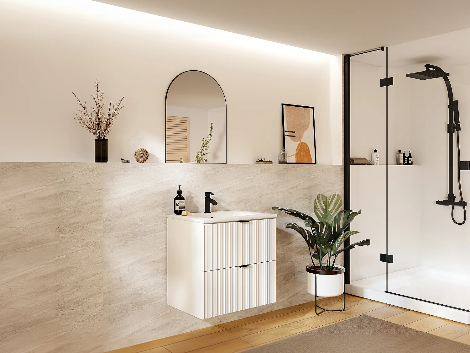 Meuble de salle de bain suspendu strié avec vasque à encastrer - Blanc mat - 60 cm - ZEVINI