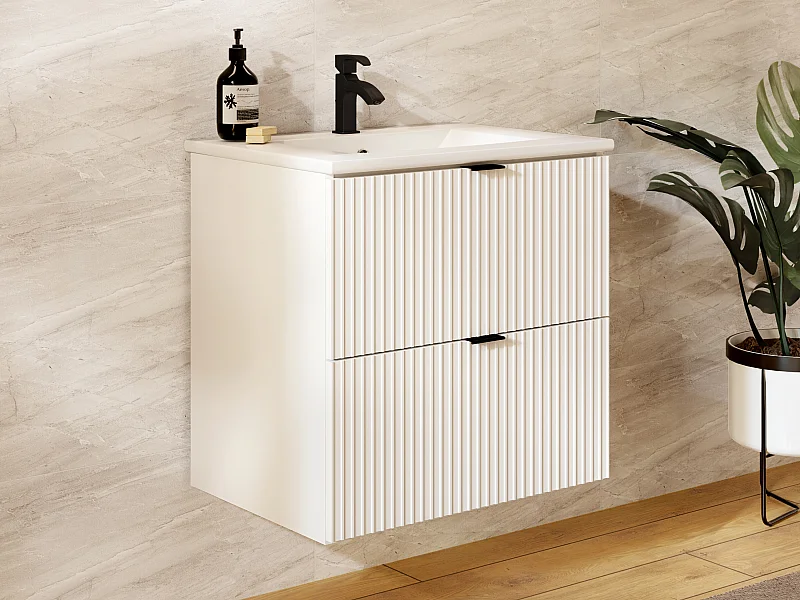 Meuble de salle de bain suspendu strié avec vasque à encastrer - Blanc mat - 60 cm - ZEVINI