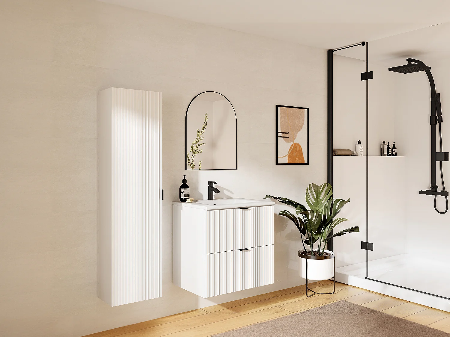 Meuble de salle de bain suspendu strié avec vasque à encastrer et colonne - Blanc mat - 60 cm - ZEVINI