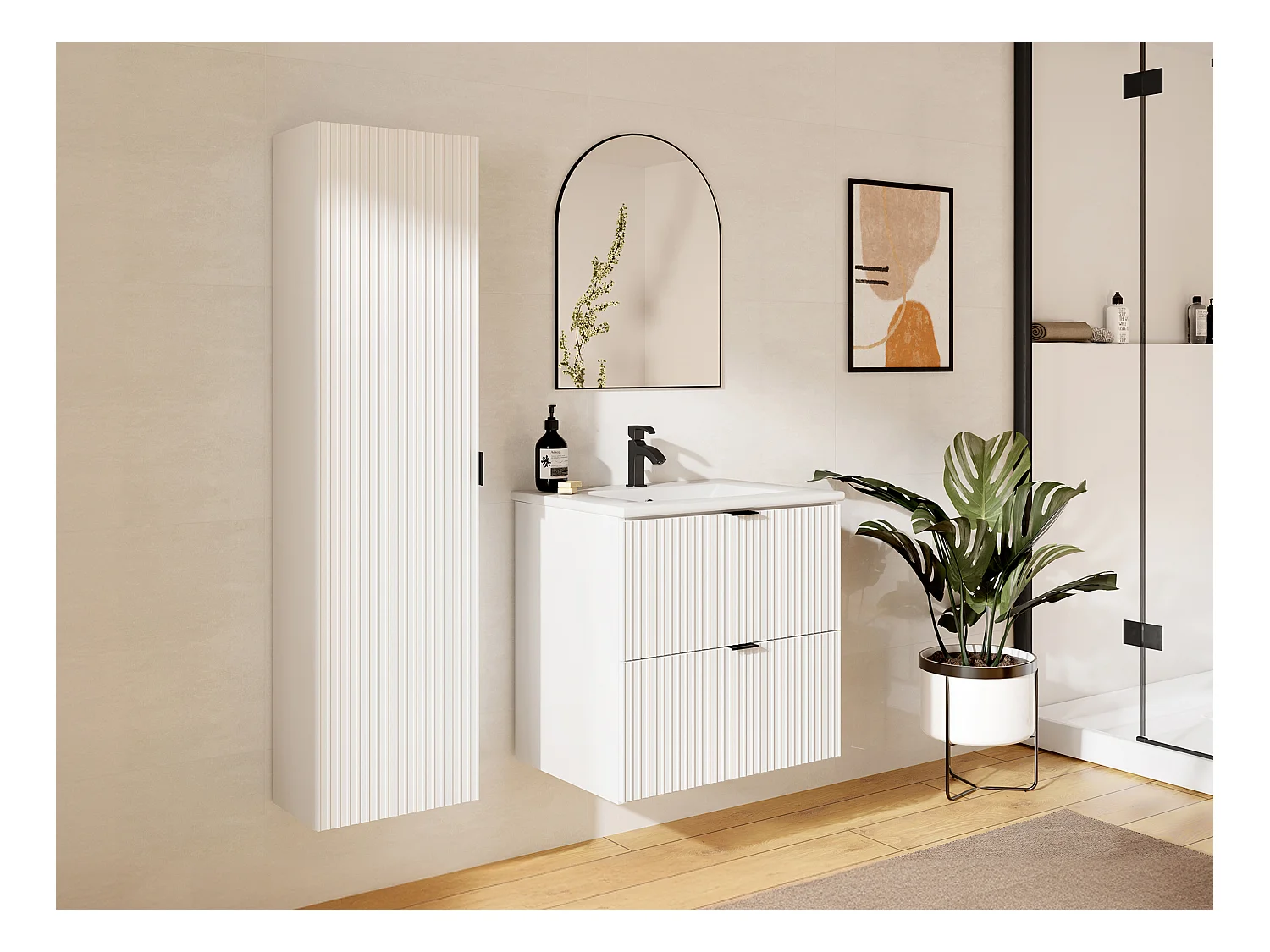 Waschbeckenunterschrank hängend mit Einbauwaschbecken & Badhochschrank - Streifenoptik - Weiß matt - 60 cm - ZEVINI