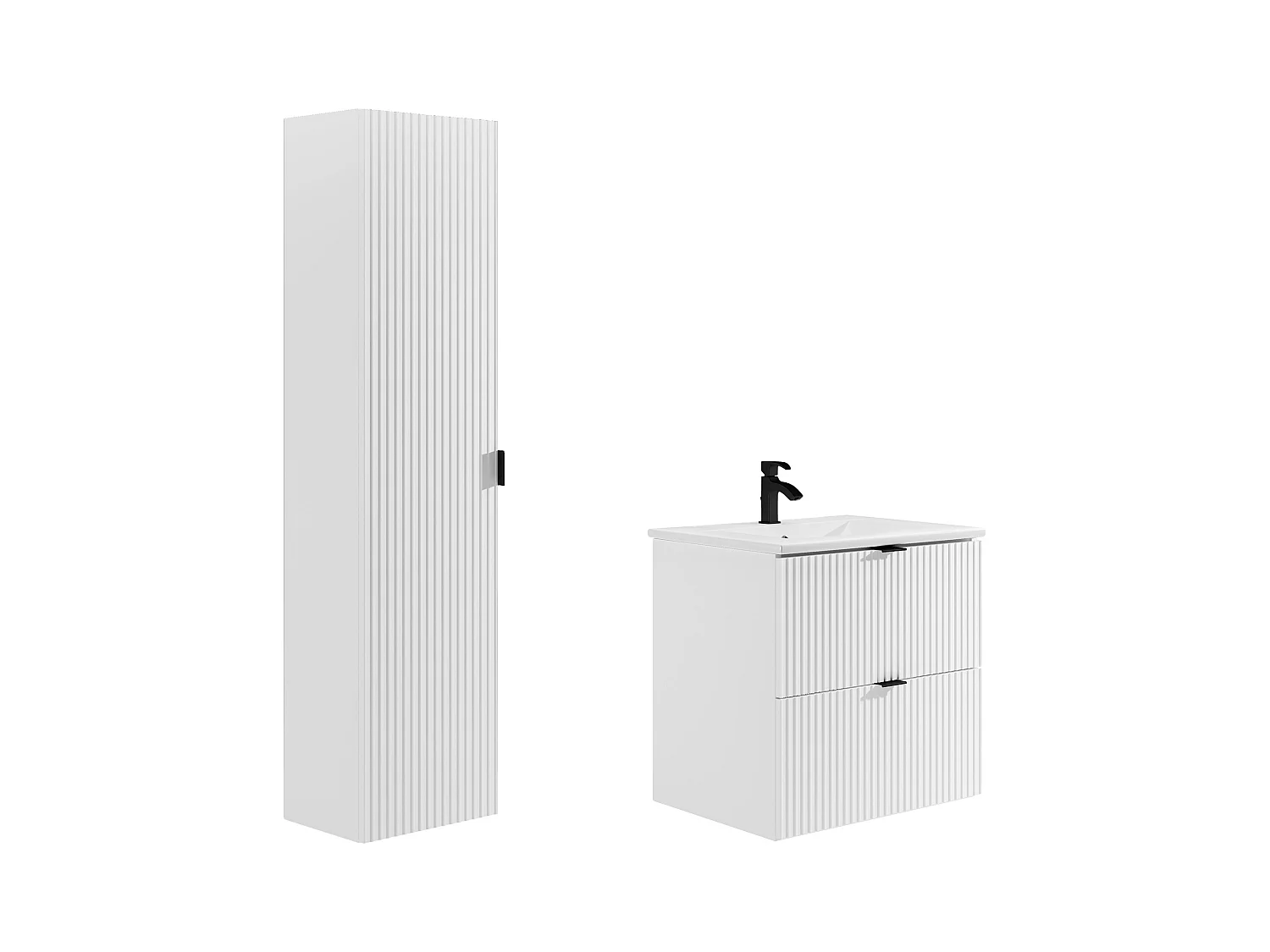 Waschbeckenunterschrank hängend mit Einbauwaschbecken & Badhochschrank - Streifenoptik - Weiß matt - 60 cm - ZEVINI