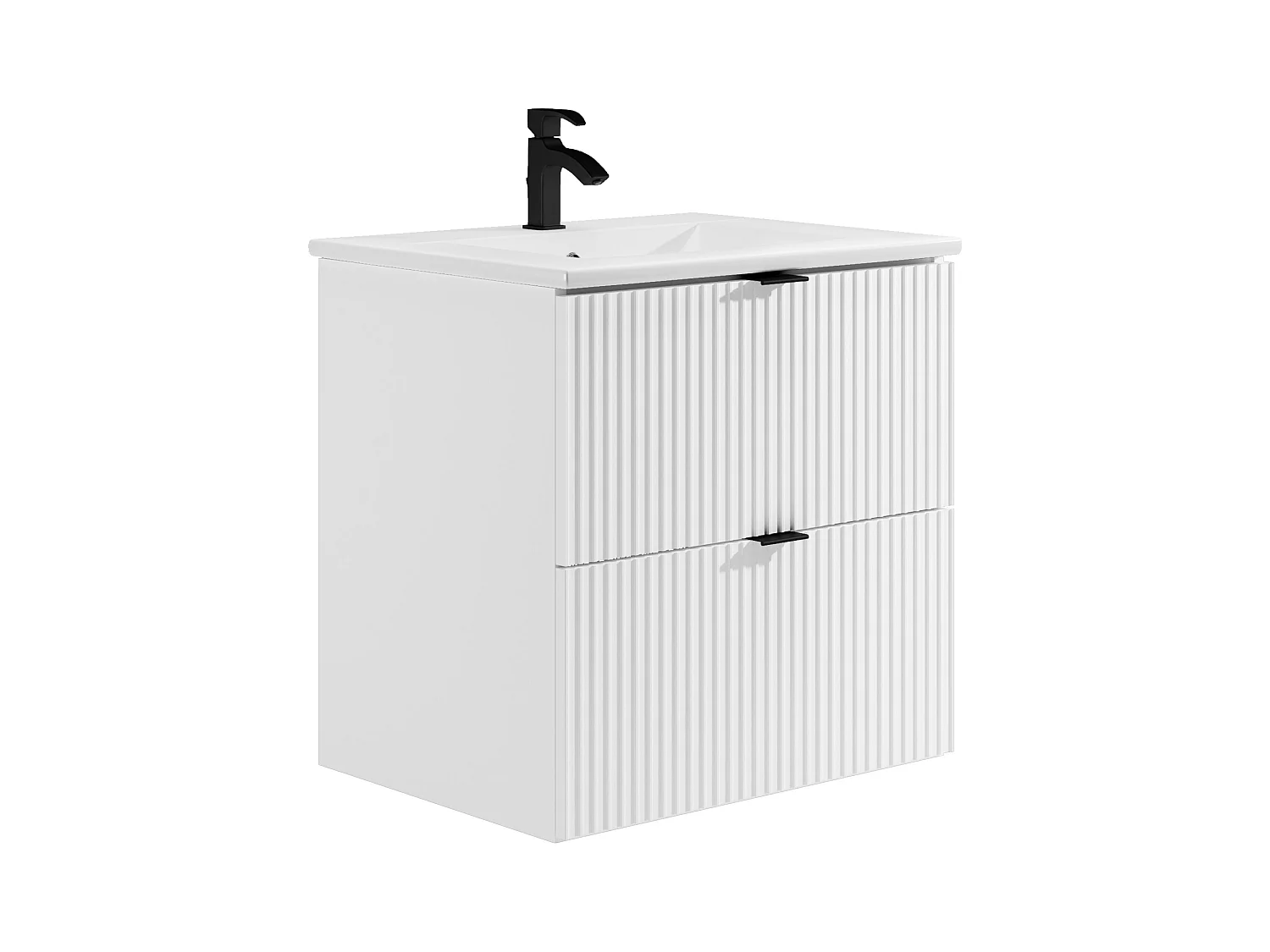 Waschbeckenunterschrank hängend mit Einbauwaschbecken & Badhochschrank - Streifenoptik - Weiß matt - 60 cm - ZEVINI