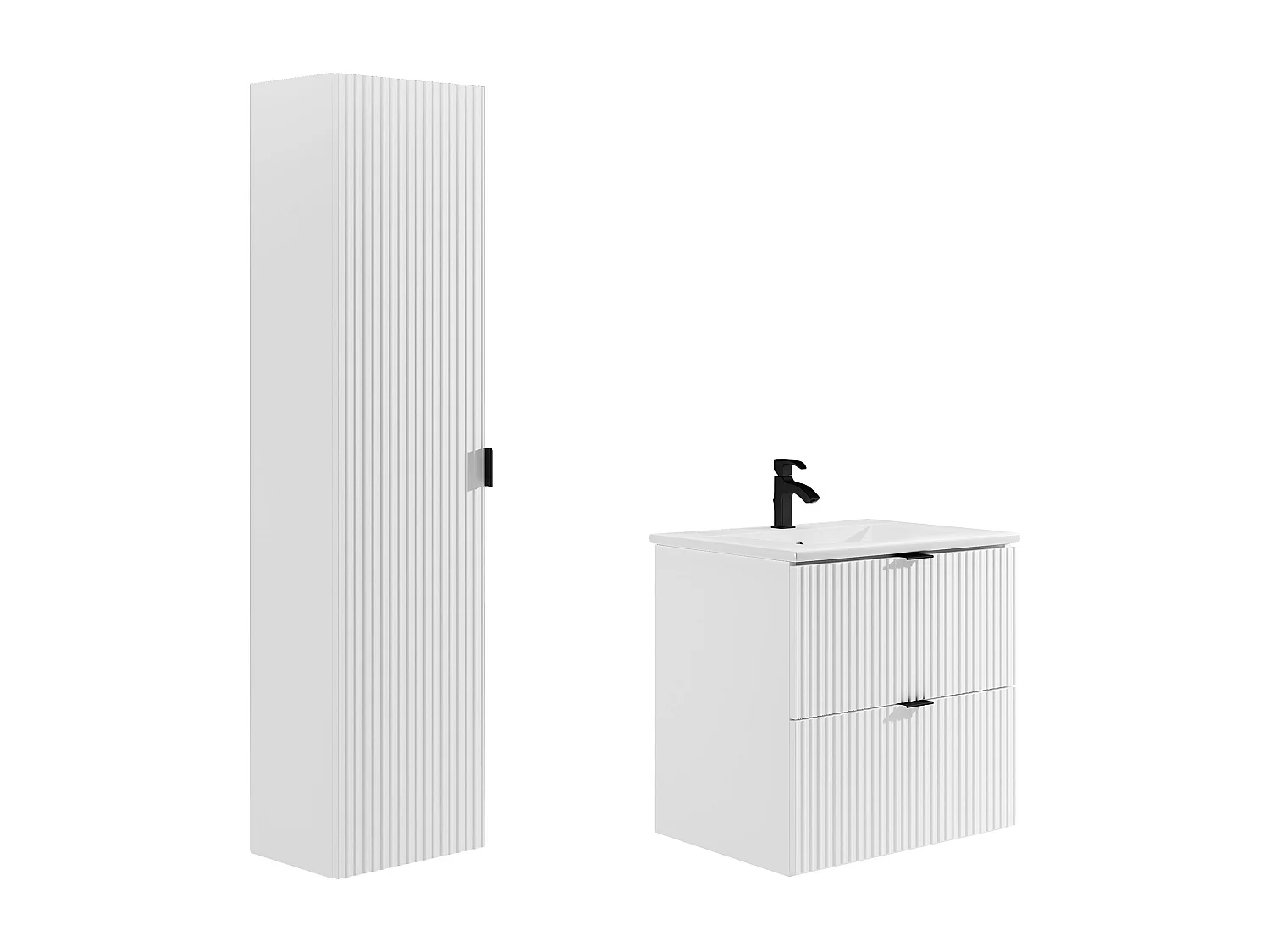 Mueble de baño suspendido estriado con lavabo encastrado y columna - Blanco mate - 60 cm - ZEVINI