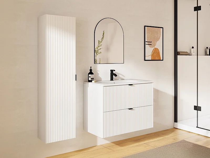 Waschbeckenunterschrank hängend mit Einbauwaschbecken & Badhochschrank - Streifenoptik - Weiß matt - 80 cm - ZEVINI
