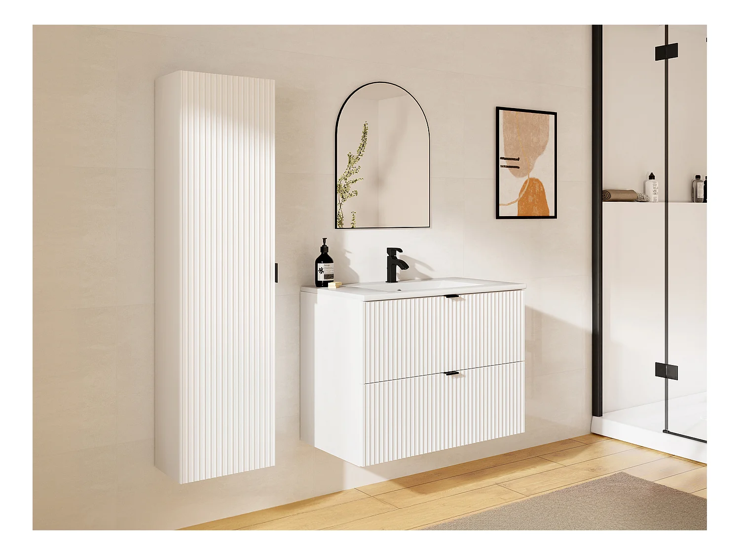 Mobile per bagno sospeso con scanalature e lavabo da incasso e colonna 80 cm Bianco opaco - ZEVINI