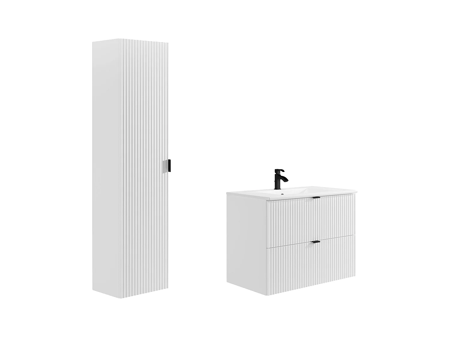 Mobile per bagno sospeso con scanalature e lavabo da incasso e colonna 80 cm Bianco opaco - ZEVINI