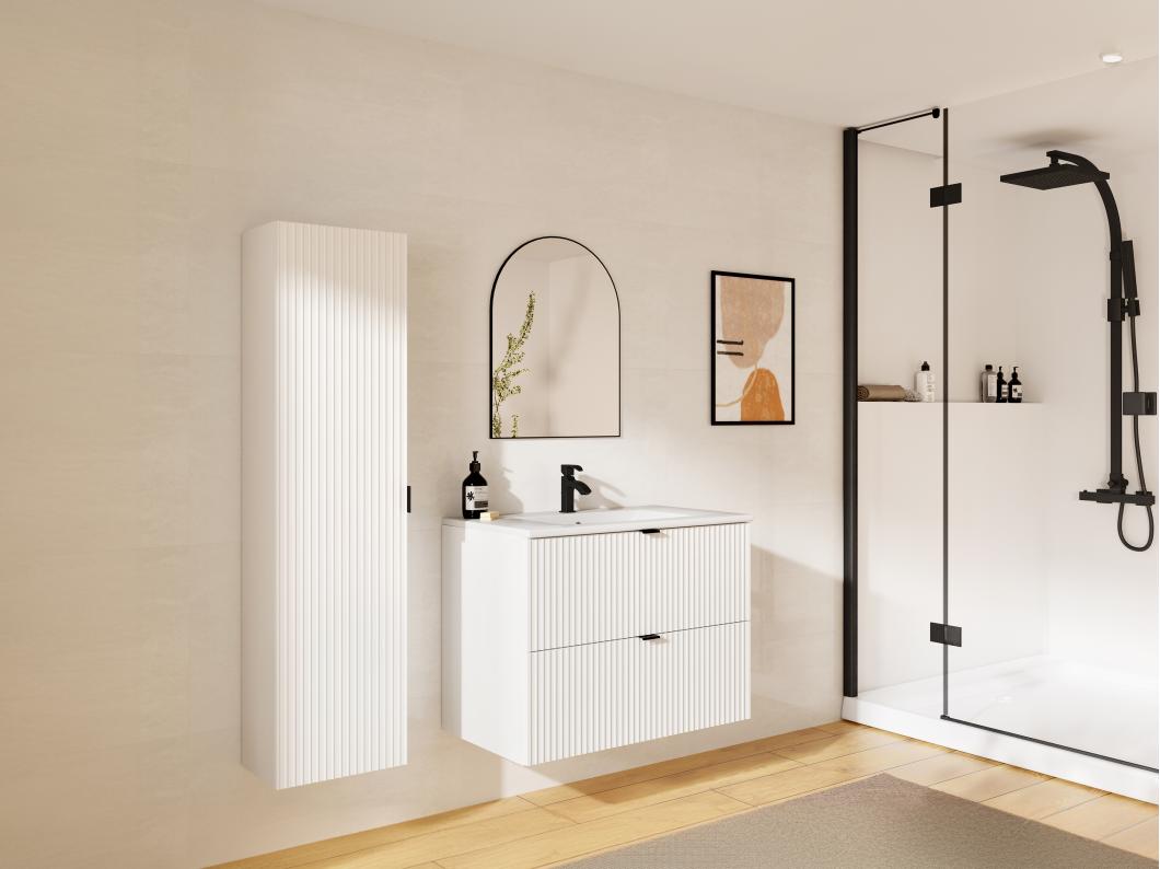 Meuble de salle de bain suspendu strié avec vasque à encastrer et colonne - Blanc mat - 80 cm - ZEVINI