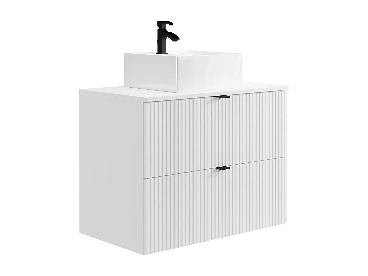 Meuble de salle de bain suspendu strié avec vasque à poser et colonne - Blanc mat - 80 cm - ZEVINI