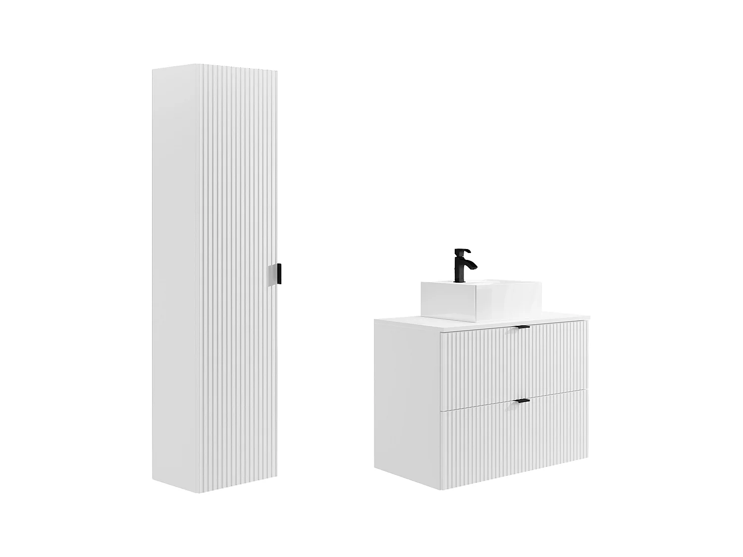 Meuble de salle de bain suspendu strié avec vasque à poser et colonne - Blanc mat - 80 cm - ZEVINI