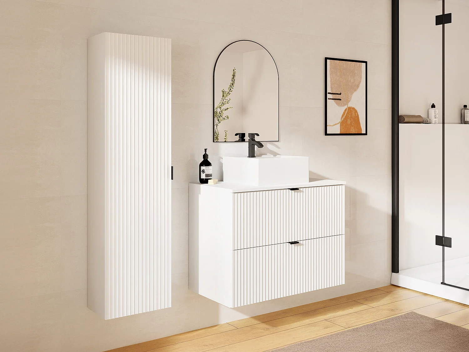 Meuble de salle de bain suspendu strié avec vasque à poser et colonne - Blanc mat - 80 cm - ZEVINI