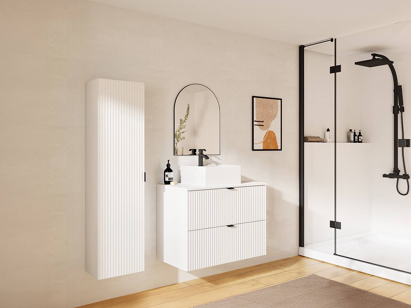 Meuble de salle de bain suspendu strié avec vasque à poser, colonne
