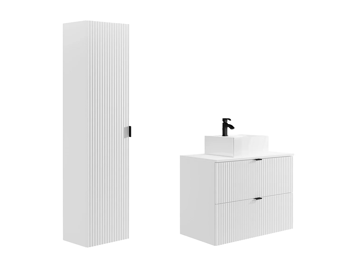 Waschbeckenunterschrank hängend mit Aufsatzwaschbecken & Badhochschrank - Streifenoptik - Weiß matt - 80 cm - ZEVINI