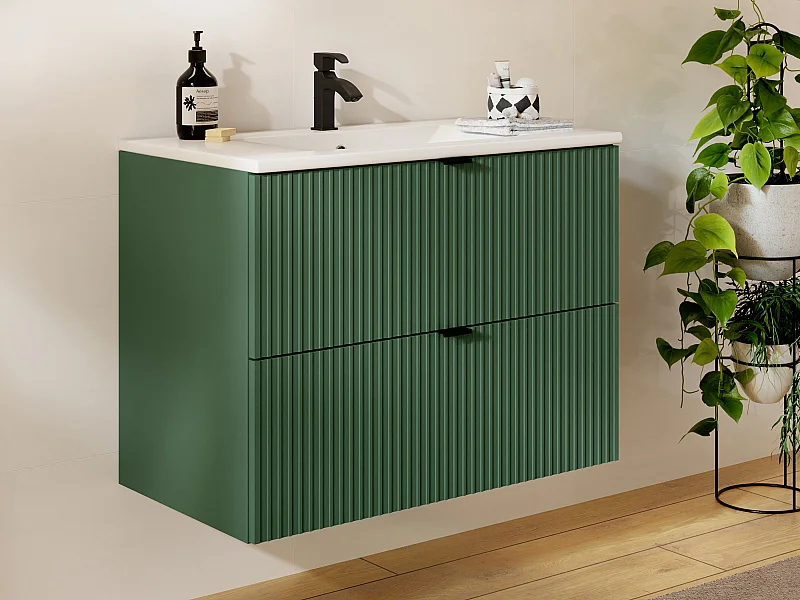 Meuble de salle de bain suspendu strié avec vasque à encastrer - Vert mat - 80 cm - ZEVINI