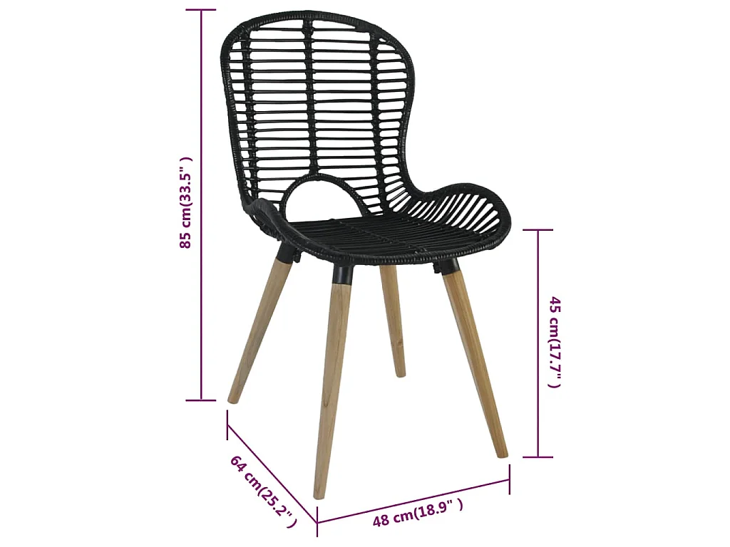 Chaises à manger lot de 2 noir rotin naturel