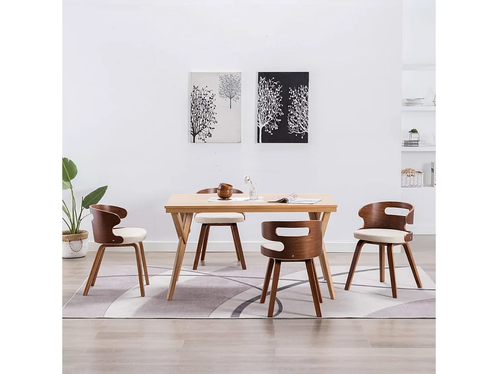 Eetkamerstoelen 4 st gebogen hout en kunstleer crèmekleurig