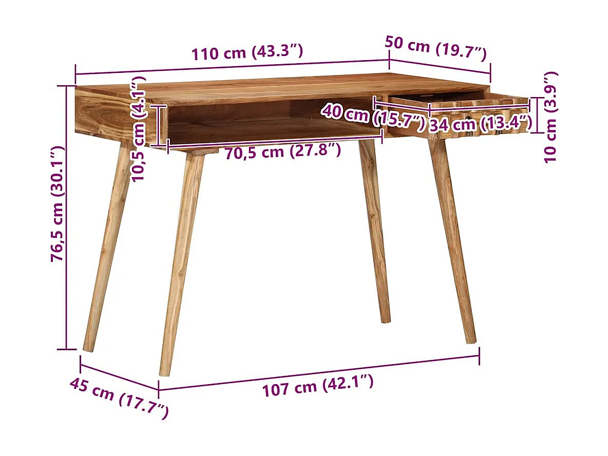Scrivania 110x50x76 cm in Legno Massello di Acacia