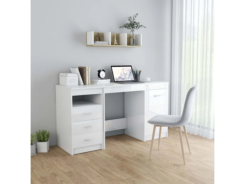 Bureau Blanc brillant 140x50x76 cm Bois d’ingénierie